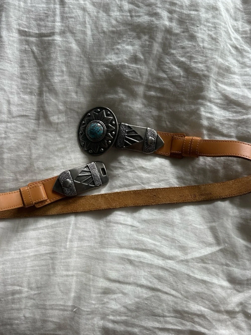 Vintage Tan Leather Belt with Turquoise Accent